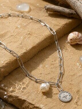 Silver Stainless Steel Coastal Paperclip Lariat Faux Baroque Pearl Coin Charm